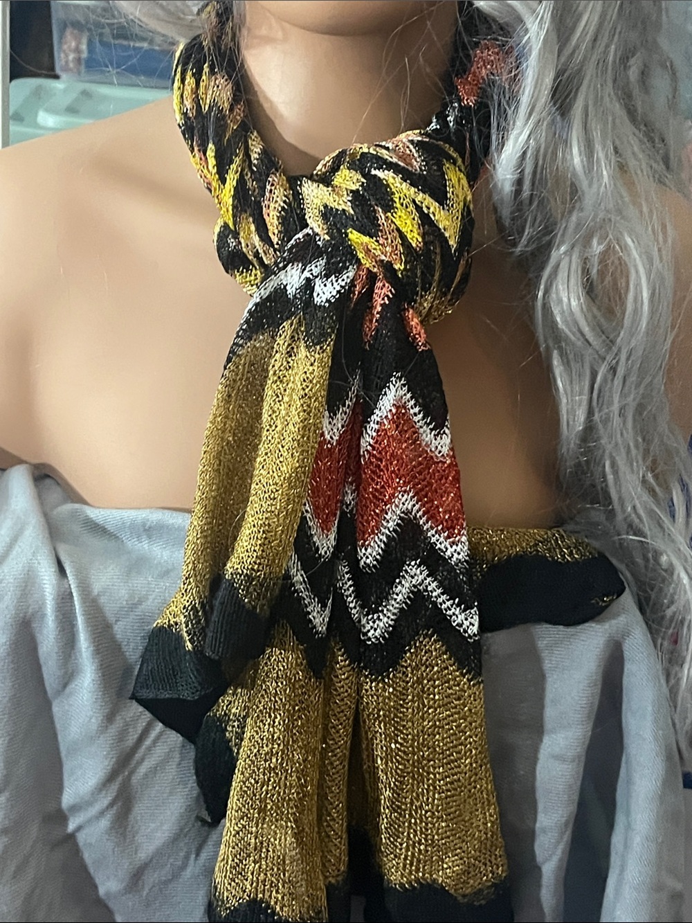 Chevron Metallic Knit Scarf in Gold, Black & Rust